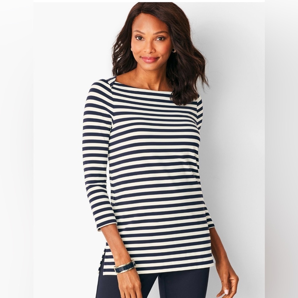 ❤️2/$15 or 3/$21❤️ Talbots Black/White Striped 3/4 Sleeves Jersey Tunic Top